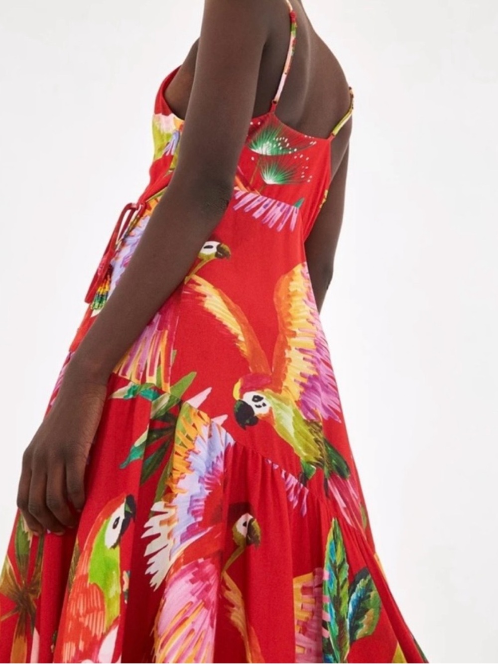 Farm Rio Red Macaw Wrap Dress Midi Ruffle Dress - NWT - Picture 2 of 6
